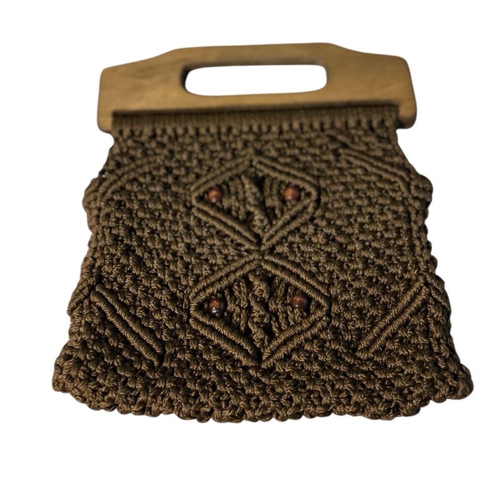 Vintage Handcrafted Brown Macrame Bag with Wood Handle
